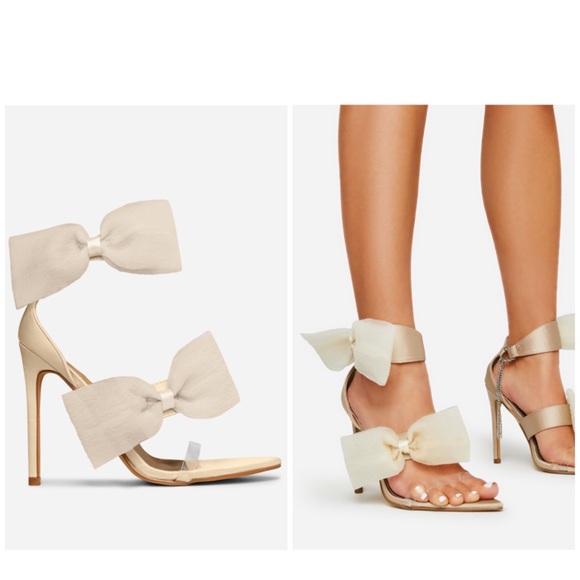 EGO Shoes - Ego Shoes Nude Beige Satin Oversized Bow Pointed Toe Chain Strap Heels Size 11